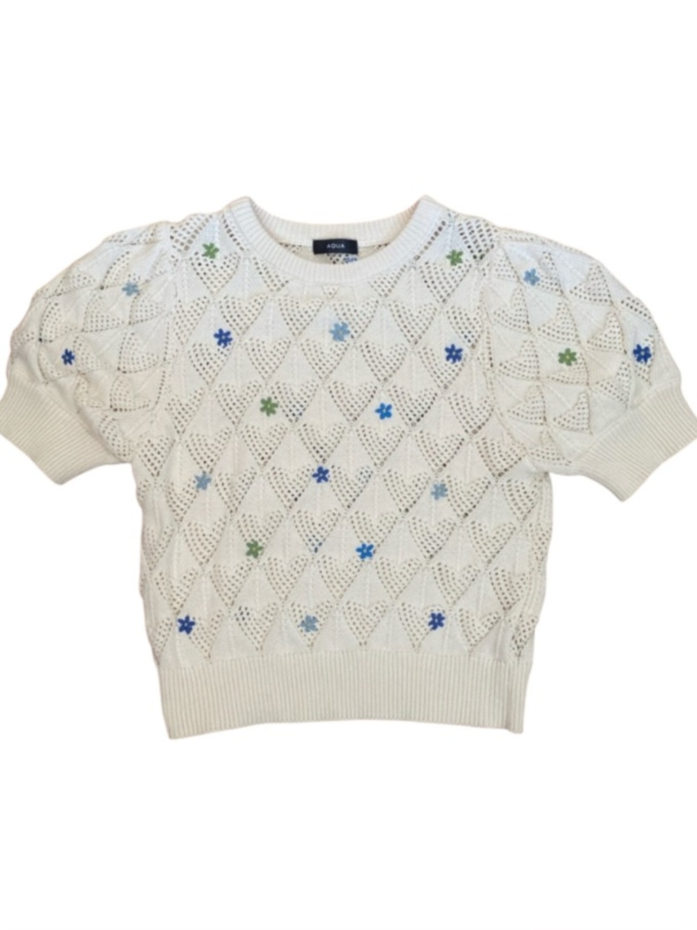 Aqua 100% Cotton Pointelle Knit Sweater Floral Embroider Cottagecore Soft Girl S